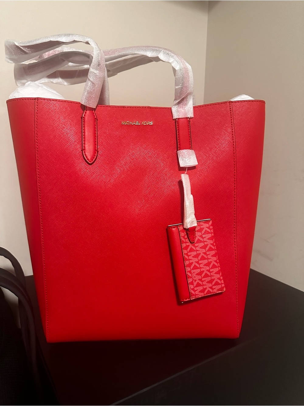 Michael Kors Bright Red Saffiano Tote with Logo Tag